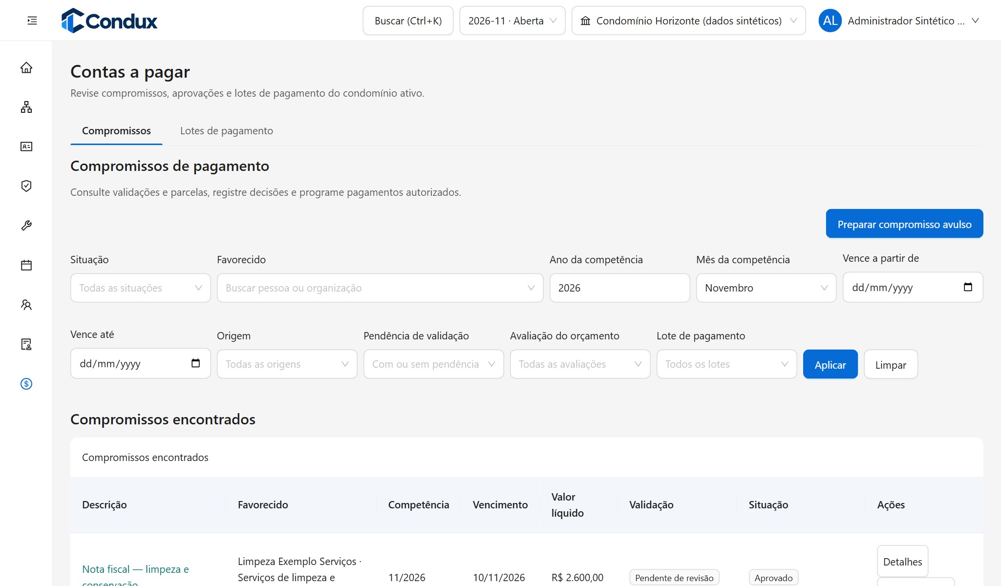 Compromissos de contas a pagar