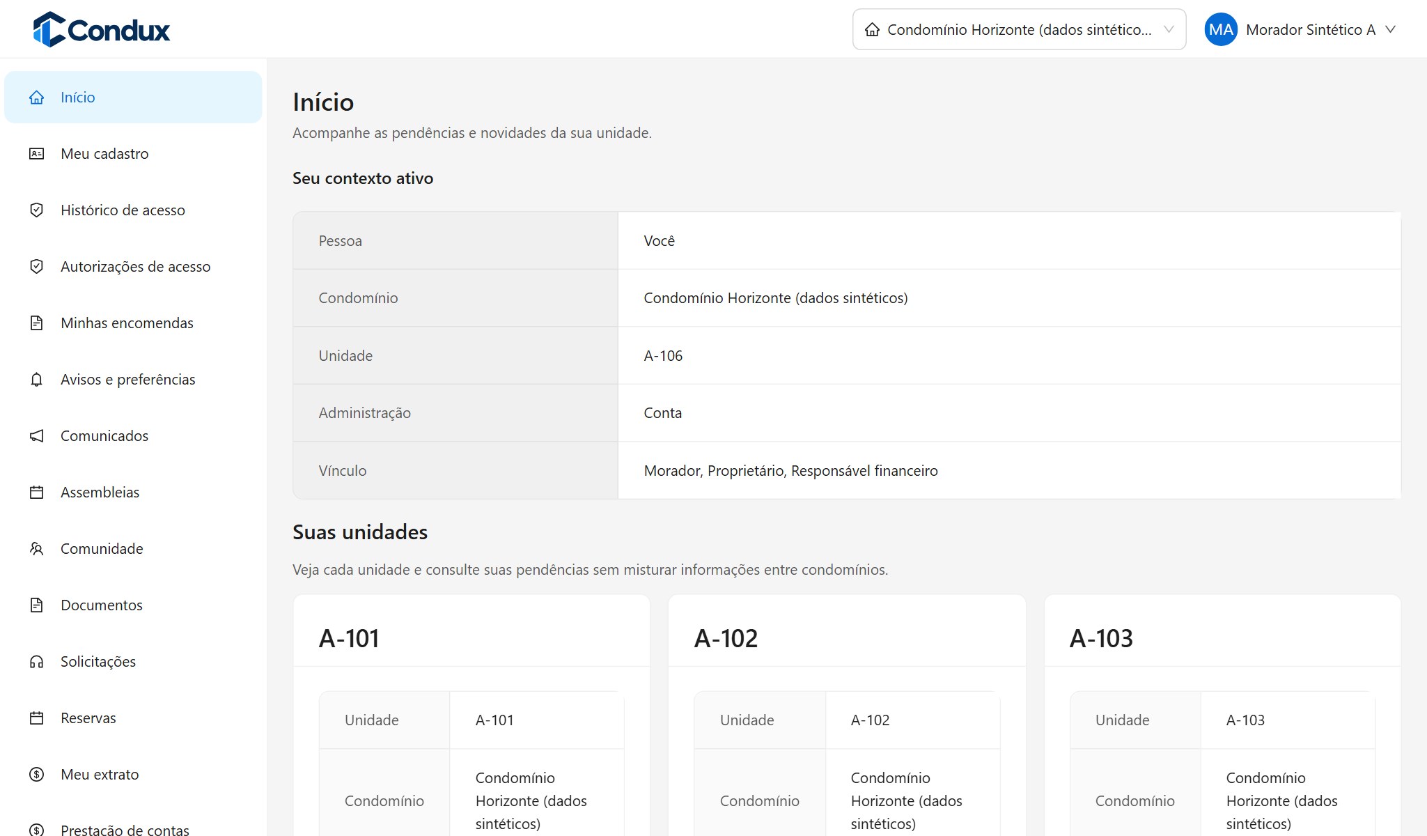 Início do portal do morador com unidades e pendências